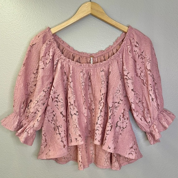 NEW Free People Stacey Lace Blush Tint Puff Sleeve Top Blouse Cropped Flowy - Picture 4 of 11
